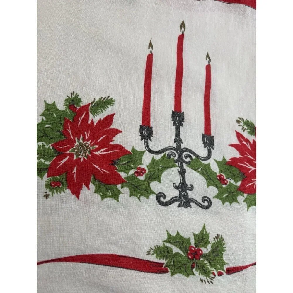 Vintage‎ Christmas Holly Candle Poinsettia Holly Tablecloth White Red Rectangle